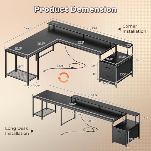 PRAISUN 66" L Shaped Gaming Desk with LED Lights & Power Outlets