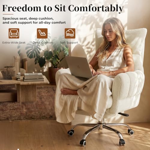 HOMRELEXA Cross Legged Office Chair, Cloud Desk Chair with Flip-Up Arm Rests, Foot Rest, Wide Seat, Comfy Executive Ergonomic Computer Gaming Chair, Beige
