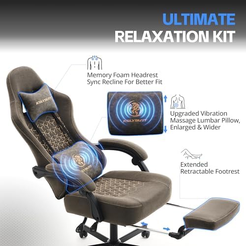 Desk Computer Gaming Chair - Ergonomic Game Office Chair with Extended Footrest and Massage Lumbar Support, Home Gamer Video Game Chairs with Spring Cushion for Adults (Pro Grey Leather)