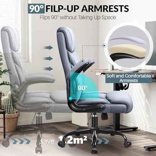 HeroSet Office Chair, Ergonomic Big and Tall Computer Desk Chairs, Executive Breathable Leather Chair with Adjustable Flip-up Armrests, Lumbar Support Swivel PC Chair with Rocking Function,Matte Gray