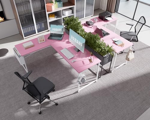 Pamray 64.5 Inch Reversible L Shaped Gaming Desk Large Corner Computer Desk with Storage Bag Home Office Table for Writing Study Pink