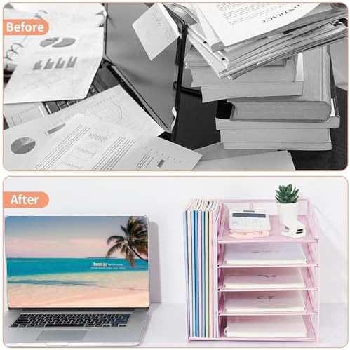LEKETREE Desk Organizers and Accessories, 5-Tier Paper Letter Tray Organizer with File Holder, Desktop Organizer for Office Supplies (Pink)