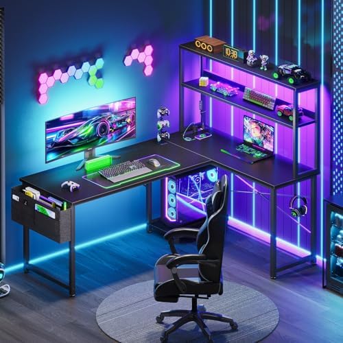 AODK L Shaped Desk Gaming Desk with LED Light & Power Outlet