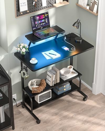 Height Adjustable Standing Desk with Power Outlets and LED Lights - 32" Manual Stand Up Desk with Monitor Stand and Storage Shelves Small Mobile Rolling Computer Desk Portable Laptop Table, Black