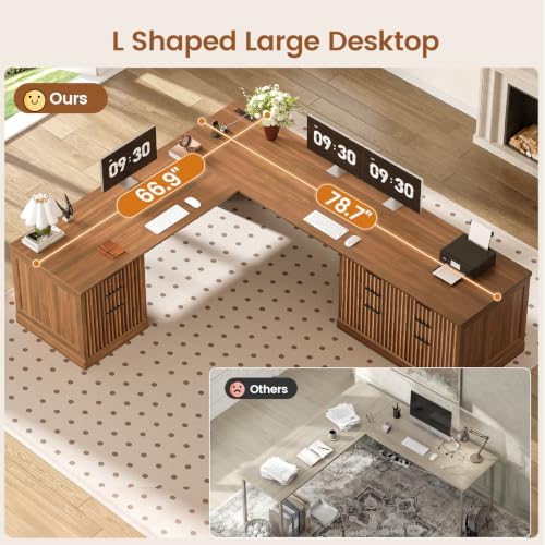 SEDETA Fluted 78.8" L Shaped Desk with 6 Drawers, Fluted Brown