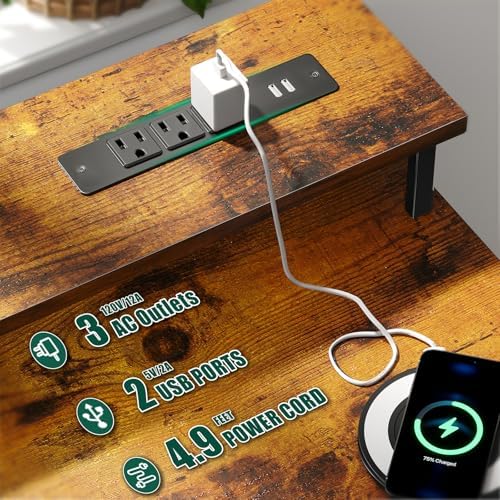 Korfile 47 Inch Computer Desk with Power Outlets,LED,5 Drawers,Rustic Brown