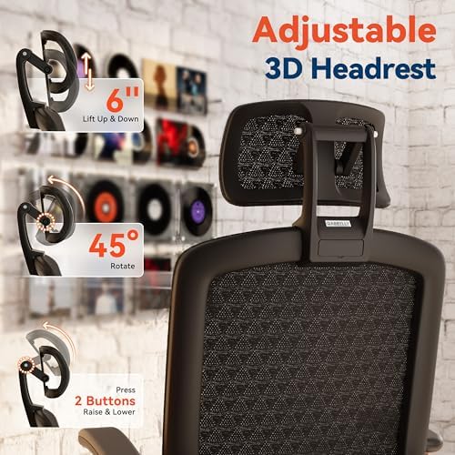 GABRYLLY Ergonomic Office Chair, High Back Home Desk Chair with Flip-Up Arms, 3D Headrest, Thick Sponge Seat &90-120° Recline, Big and Tall Mesh Executive Chairs for Man Woman, Black Woodgrain