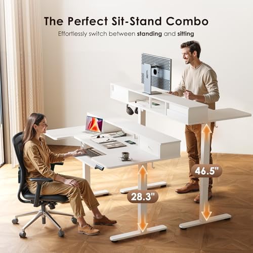 OffiGo 55 Inch U Shape Standing Desk with Keyboard Tray & Drawers, White