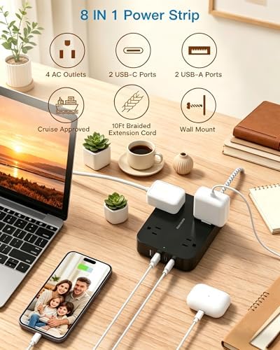10 Ft Braided Extension Cord, Ultra-Thin Flat Plug, 4 Widely Spaced Outlets