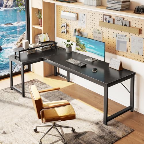 PRAISUN 53" L Shaped Computer Desk, Power Outlets, Monitor Stand, Black