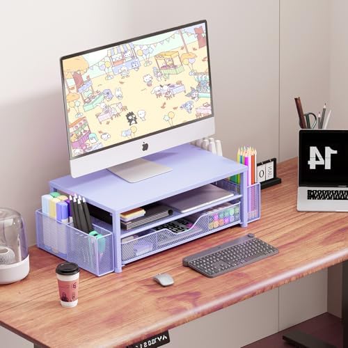OPNICE Desk Organizers and Accessories, Computer Monitor Stand Riser with Drawer and 2 Pen Holders, Printer & Laptop Stand, Office Desk Accessories & Workspace Organizers for Home Office Supplies, Blue