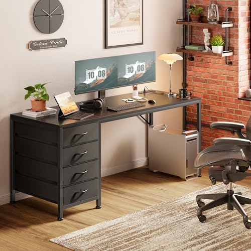 PRAISUN 55.1 Inch Computer Office Desk with Power Outelts and USB-C Port, Reversible Gaming Desk with 4 Fabric Drawers, Work Study Desk Work from Home, Black