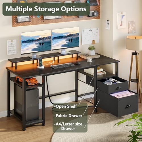 Furologee 61" Gaming Desk with Outlets & LED, Large Computer Desk, Black