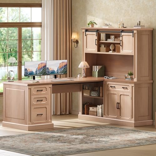 SEDETA 67" Farmhouse Executive L Shaped Desk with Hutch & Storage