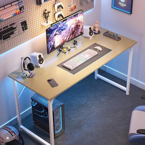 Huuger Computer Desk, 48 Inch Office Desk, Gaming Desk with Storage, Writing Desk Work Desk for Home Office, Study, Modern Simple Desk, Large Legroom, Metal Frame, Maple
