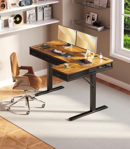 OffiGo 55 Inch L Shaped Electric Standing Desk with 4 Drawers, Rustic Brown