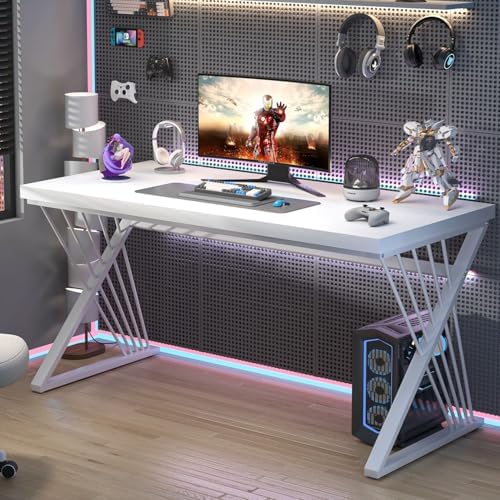 FOLUBAN Modern White Desk, Rustic Wood and Metal Computer Desk for Home Office, Simple Writing Work PC Desks for Bedroom, Industrial Study Gaming Table for Living Room, White, 53 Inch