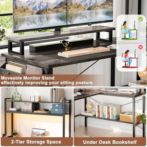 Aheaplus L Shaped Gaming Desk with Power Outlets & LED Lights, Black Oak