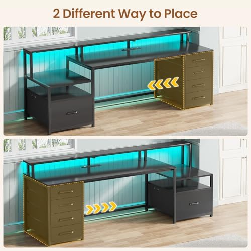 SEDETA Computer Desk with 5 Drawer, Power Outlet, Led Lights, Black