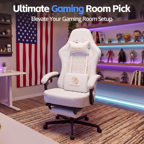 Desk Computer Gaming Chair - Ergonomic Game Office Chair with Extended Footrest and Massage Lumbar Support, Home Gamer Video Game Chairs with Spring Cushion for Adults (Pro White Leather)