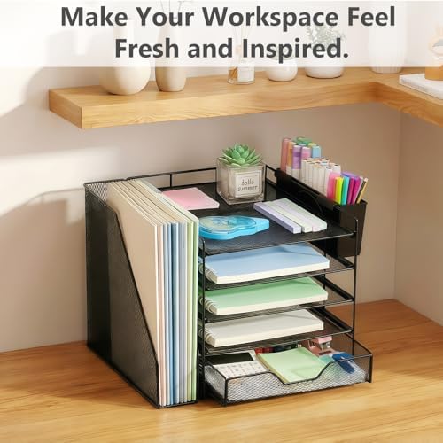 5-Tier Desk File Organizer with Drawer & Pen Holder (Black)
