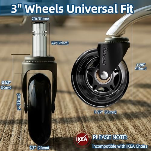 HOSALI 3 Inch Office Chair Wheels - Rubber Chair Casters Replacement, Heavy-Duty Computer Gaming Desk Caster Wheel Smooth & Safe Rolling for All Floors Including Hardwood and Carpet, Set of 5