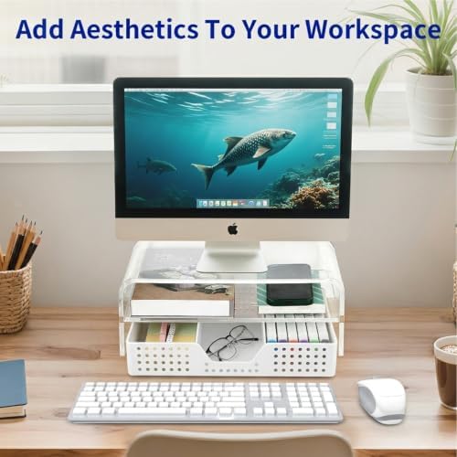 OPNICE Desk Organizer and Accessories, 2-Tier Computer Monitor Stand Riser with Drawer and 2 Pen Holders, Laptop Stand, Office Desk Accessories for Office Supplies, Transparent