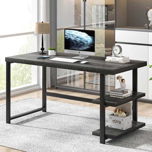FOLUBAN 47 Inch Computer Desk with Storage Shelves, Modern Home Office Desk, Small Study Writing Desk Gaming Table Workstation for Bedroom Living Room, Industrial Dark Gray