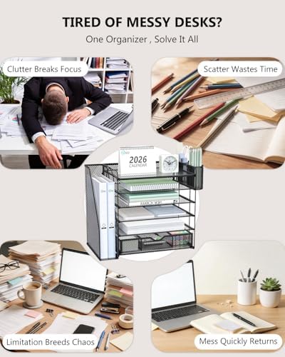 WALI Desk File Organizer, 6 Tier Desktop Paper Letter Tray Organizer with Drawer and 2 Pen Holders, Office Desk Accessories & Workspace Organizers for Office, Home Supplies(DO007DH-B), 1 Pack, Black