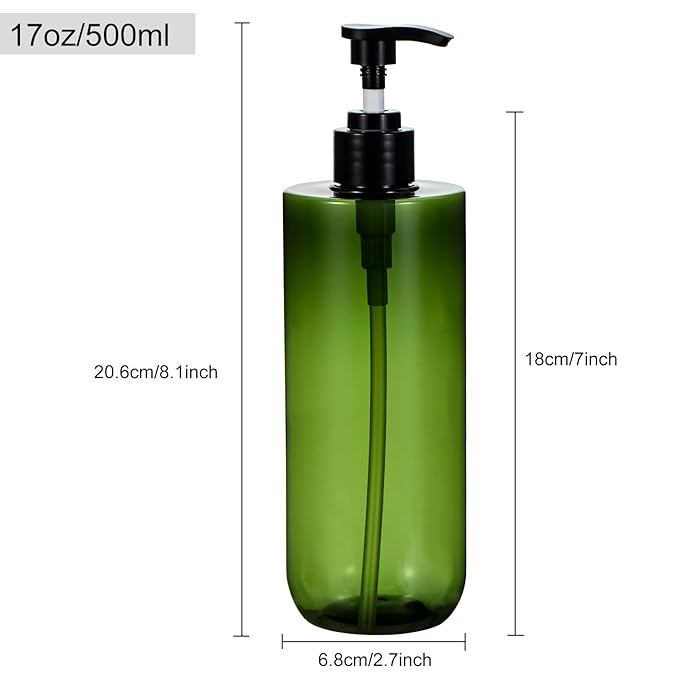 Yebeauty Pump Bottle, 2 Pack 17oz/500ml Modern Lotion Dispenser Stylish Shampoo Bottles Thick Shower Soap Dispenser Empty Shampoo Container for Body Wash Bathroom Kitchen Travel, Clear-Green