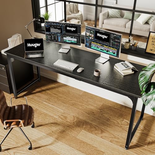 Huuger Computer Desk, 70 Inch Office Desk, Gaming Desk with Storage, Writing Desk Work Desk for Home Office, Study, Long Simple Desk, Large Legroom, Metal Frame, Black
