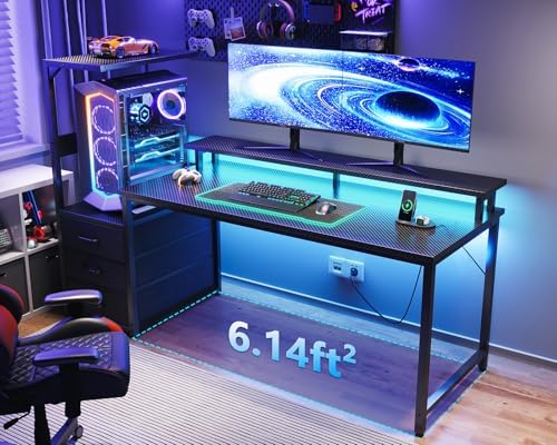 AODK Gaming Desk w/PC Showcase Stand, 59" Reversible, RGB LED, Black
