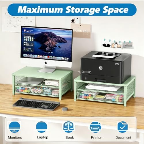 OPNICE Computer Monitor Stand Riser, Desk Organizer with Drawer, Printer & Laptop Stand, Office Desk Accessories & Workspace Desktop Organizers Storage for Office Supplies(Green)