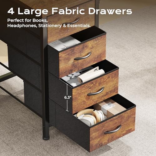 Huuger 55 Inch L Shaped Desk with Fabric Drawers, Reversible Computer Gaming Desk with Power Outlets and USB-C Port, Adjustable Side Storage Shelves, for Work Corner Home Office, Rustic Brown
