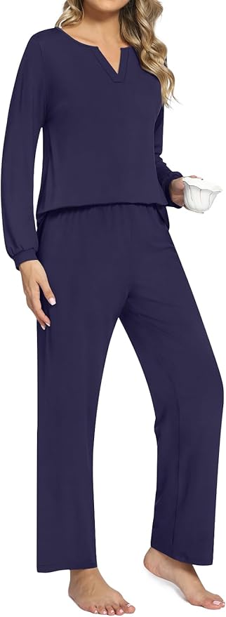 Anyally Women's Plus Size Pajama Sets Ladies Fall Pjs 2 Pieces Lounge Outfits V Neck Long Sleeves Sleepwear with Pockets