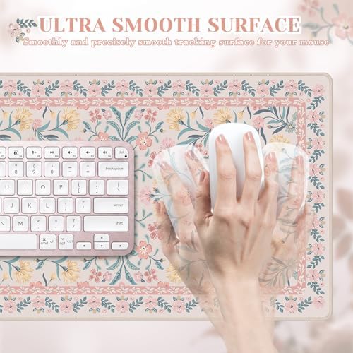 iCasso Aesthetic Mouse Pad for Office Decor,23.6x13.7in,Pink Floral