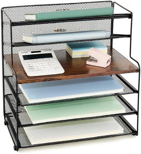 OPNICE Desk Organizer, 6-Tier Paper Organizer Letter Tray, Brown Wood
