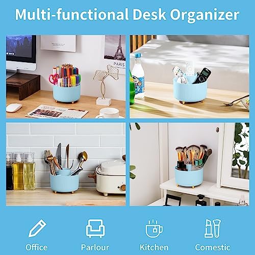 Marbrasse Desk Organizer, 360-Degree Rotating Pen Holder, Desk Organizers and Accessories with 5 Compartments Pencil Holder, Art Supply Storage Box Caddy for Office, Home（Light Blue）