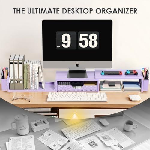 OPNICE Desk Organizers and Accessories, Dual Monitor Stand Riser with Drawer and 2 Pen Holders, Desk Shelf Computer Racks for Office Workspace Organizers, Desktop Organization (Purple)