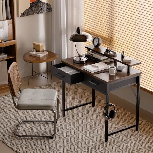 Pamray 32 Inch Small Computer Desk with Monitor Stand and 2 Drawers