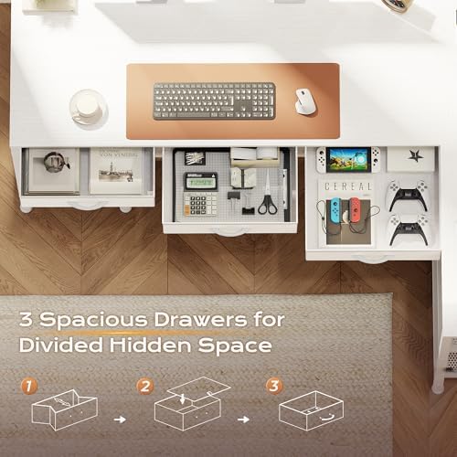PRAISUN 55 Inch L Shaped Office Desk with Power Outlets and Type-C Port, Large Computer Gaming Desk with 3 Fabric Drawers, Mesh Shelves, Corner Study Work Writing Desk, White