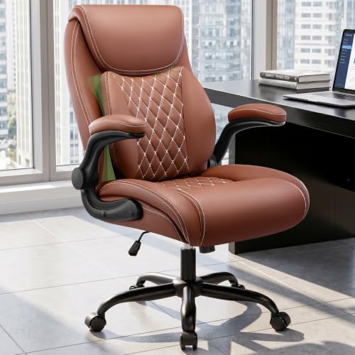 Office Chair, Ergonomic Executive Desk Chair with Lumbar Support for Lower Back Pain Relief, Padded Flip-Up Armrests, Leather Home Office Chair, Brown