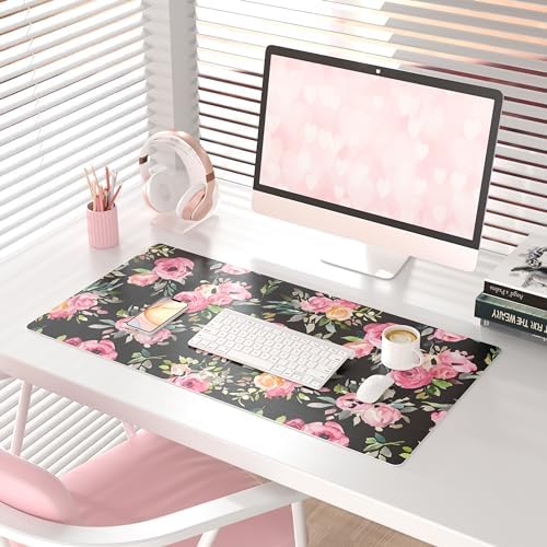 QiyI PU Leather Large Mouse Pad, Office Décor, 31.5" x 15.7", Pink Flowers