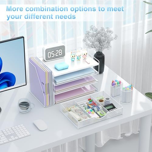 gianotter Wood Desk Organizers and Accessories with File Holder, 4-Tier Desk Accessories & Workspace Organizers with Drawer and 2 Pen Holder, Desk Reference Organizer (White, 4T with Metal Drawer)