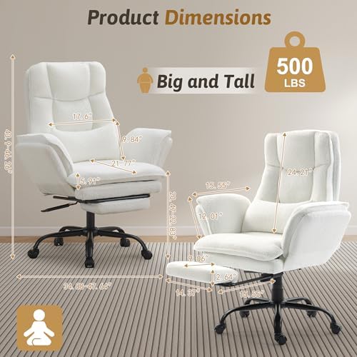 Wider Seat Office Chair with Flip Armrests for Criss Cross Legged&Cats, Big and Tall Executive Ergonomic Reclining Chair with Footrest&Lumbar Pillow, Teddy Fleece Desk Chair,White Vanity Chair