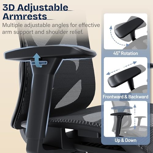 Ergonomic Office Chair, Mesh Computer Desk Chairs with BIFMA X5.1 Certified, Adjustable Lumbar Support, 3D Arm, Tilt Back, Wide Seat, Comfy Swivel Work Task Chair for Company and Home (Obsidian Black)