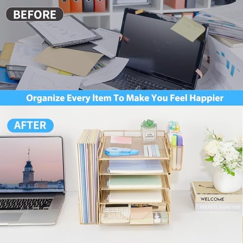 5-Tier Desk File Organizer with Drawer & Pen Holder (Gold)