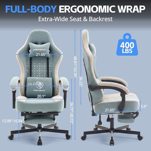 Desk Computer Gaming Chair - Ergonomic Game Office Chair with Extended Footrest and Massage Lumbar Support, Home Gamer Video Game Chairs with Spring Cushion for Adults (Pro Blue Fabric)