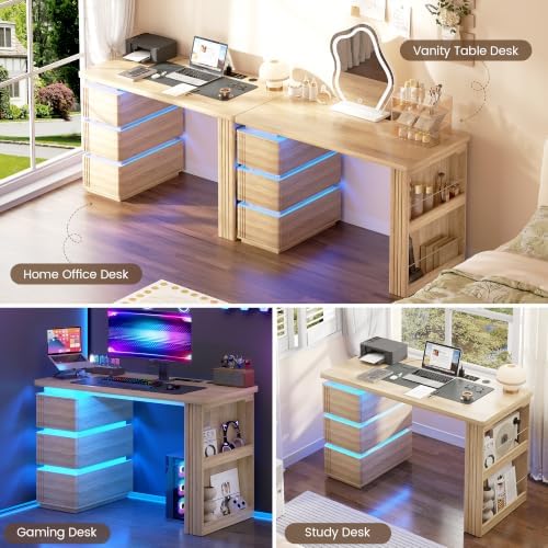 Vlsrka 47.2" Home Office Desk with 3 Drawers, Computer Desk with LED Lights