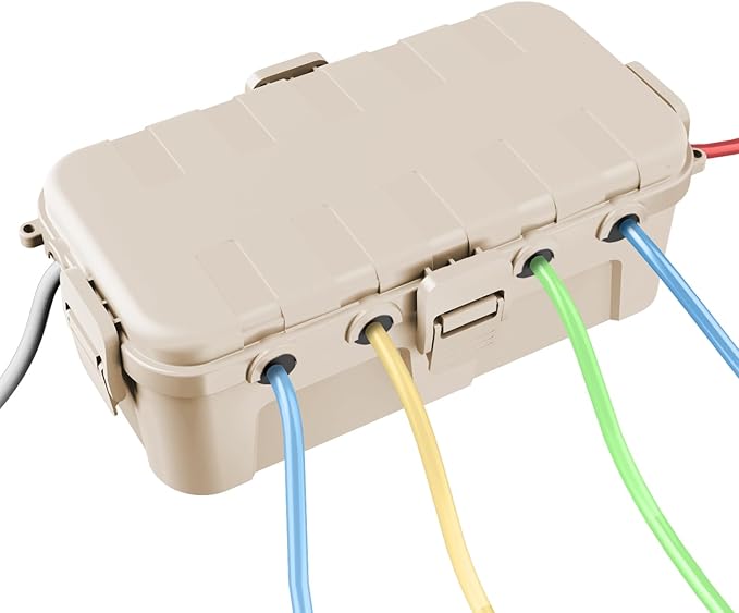 QUOBAS Outdoor Waterproof Electrical Box with 6 Cable Ports, IP54 Weatherproof Heavy-Duty Extension Cord Cover for Power Strips, Garden Power Tools, Holiday Lights, Almond